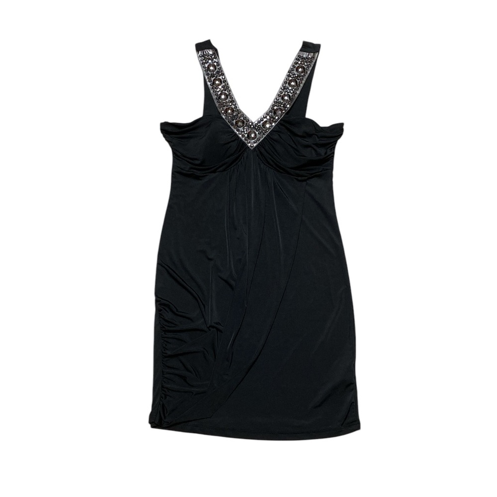 Y2K Papaya Halter Mini Dress Women’s L Black Studded V Neck Ruched Stretchy